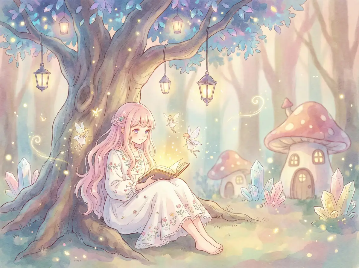 rryy4060 - 魔法森林中阅读故事书的粉发少女与精灵